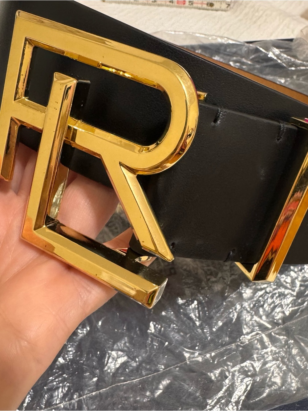 Ralph Lauren Black Leather Belt with Gold Signature RL Buckle